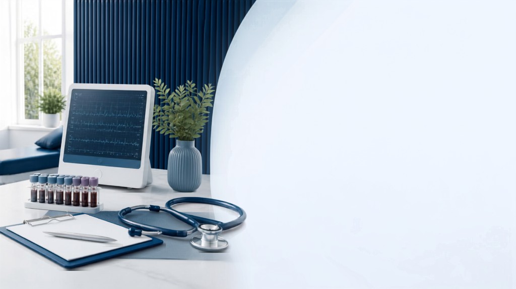 Clinical assessment still life with ECG monitor, blood vials and stethoscope