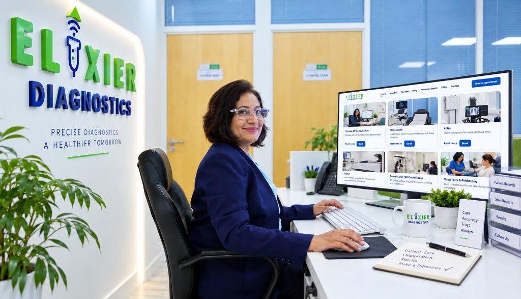 Reception at Elixier Diagnostics with Dr Jyoti Arora Gupta at the desk