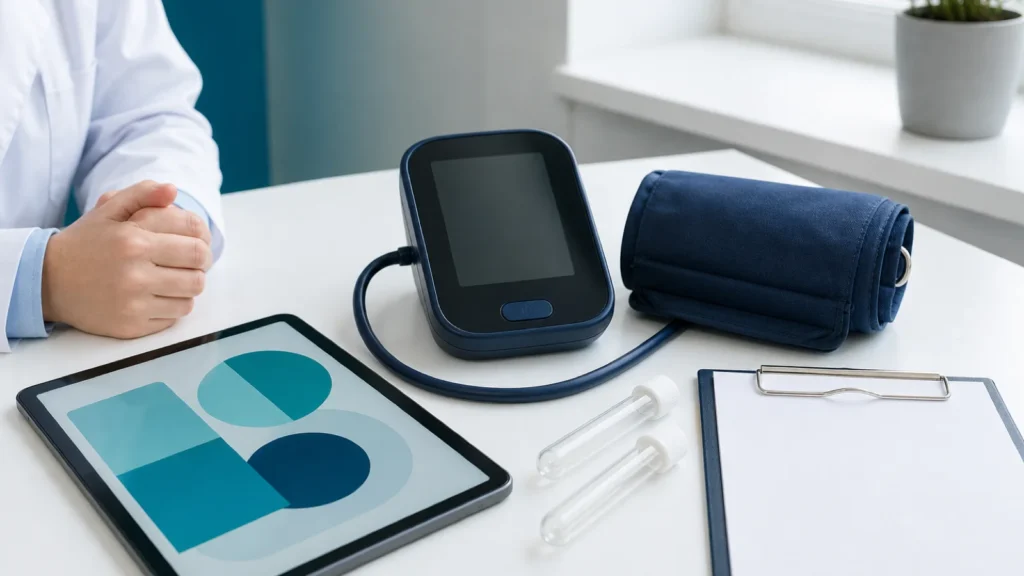 Preventive health assessment with blood pressure and diagnostic testing equipment